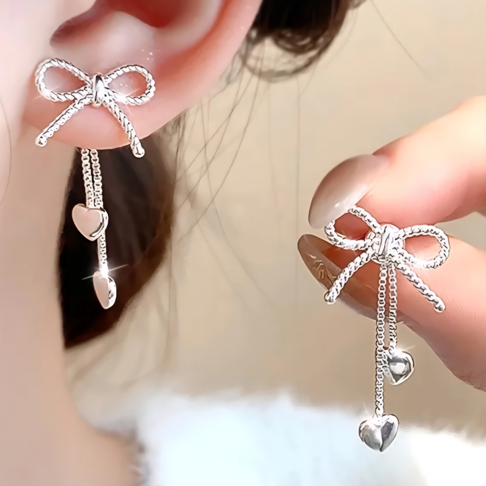 Elegant Silver Bow and Heart Earrings